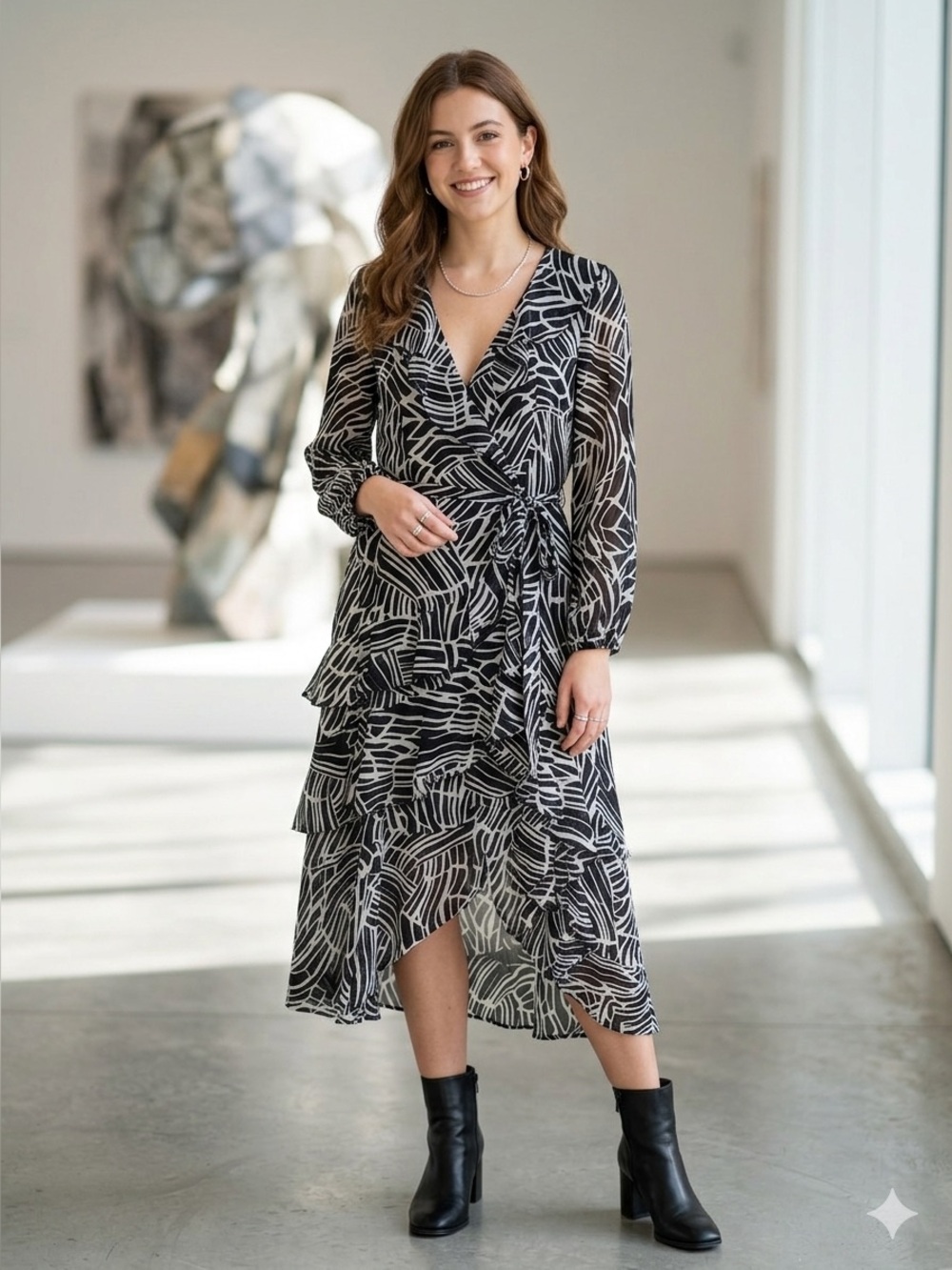 Black & White Abstract Print Ruffle Midi Dress